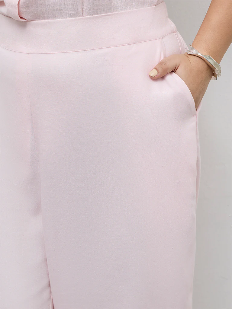 Gia Light Pink Solid High-Rise Cotton-Blend Trousers - Image 3