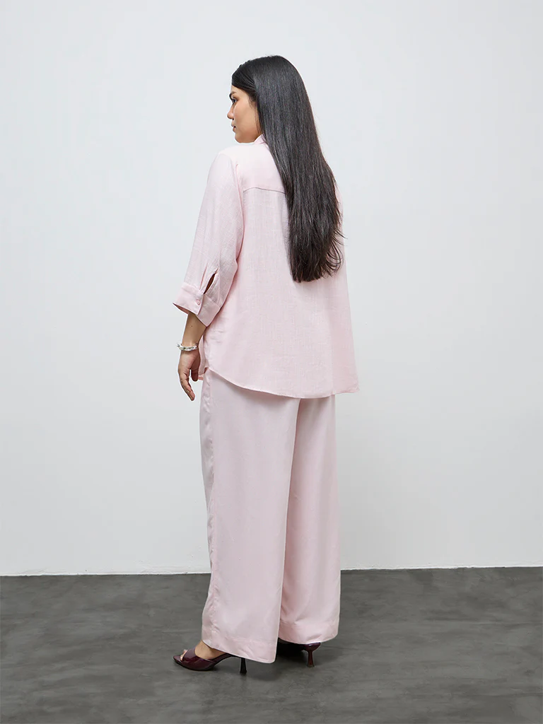 Gia Light Pink Solid High-Rise Cotton-Blend Trousers - Image 4