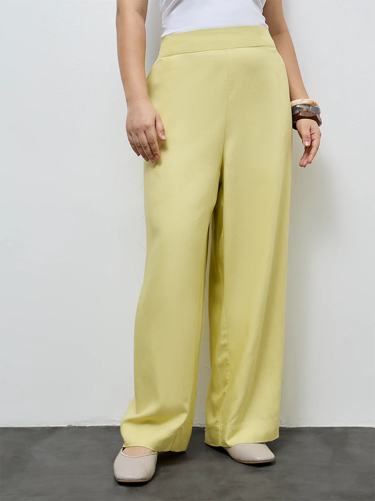 Gia Light Yellow Solid High-Rise Cotton-Blend Trousers - Image 2