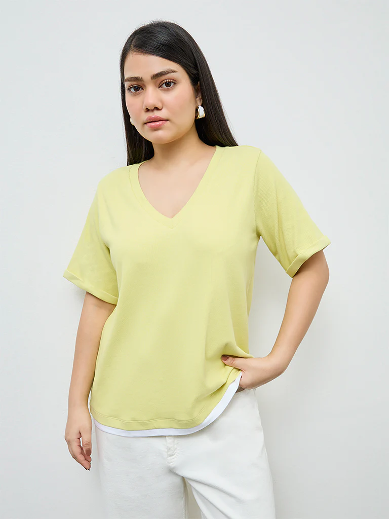 Gia Lime Ribbed-Textured Cotton T-Shirt - Image 4