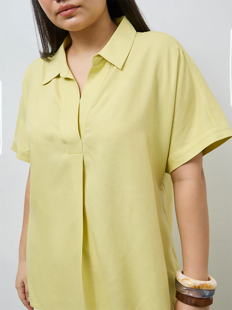 Gia Lime Solid Linen-Blend Blouse - Image 3