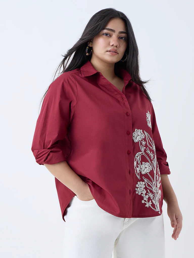 Gia Maroon Floral Embroidered Cotton Shirt - Image 2