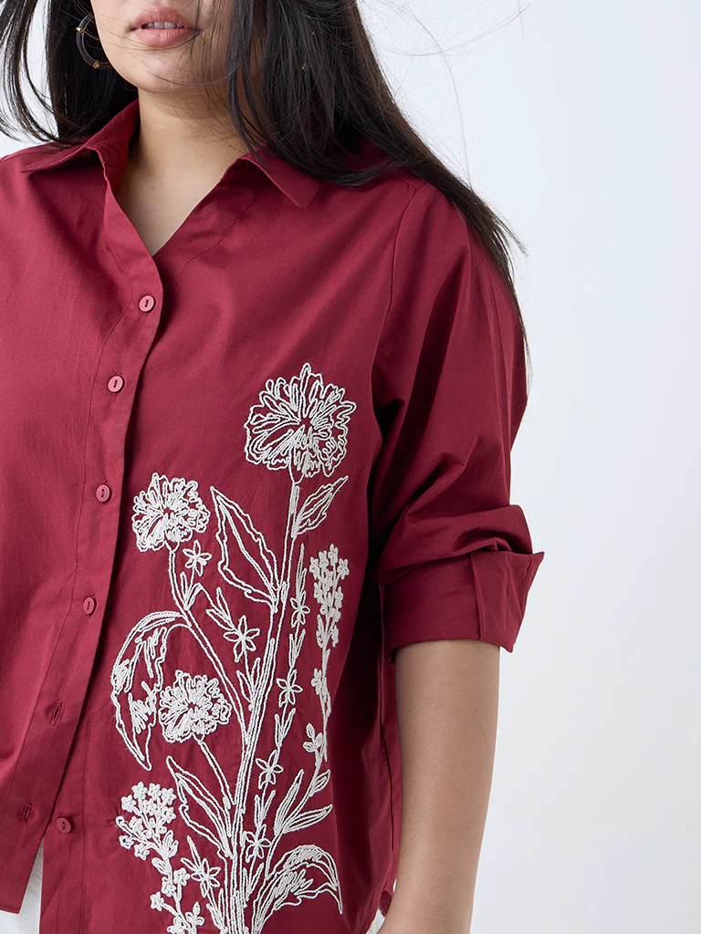 Gia Maroon Floral Embroidered Cotton Shirt - Image 3