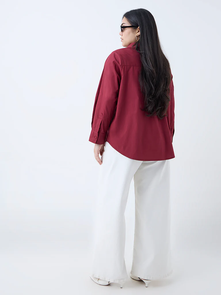 Gia Maroon Floral Embroidered Cotton Shirt - Image 4
