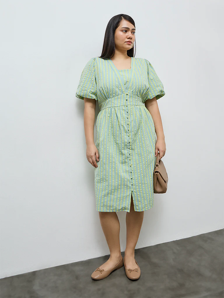 Gia Mint Seersucker Striped Cotton A-Line Dress - Image 2