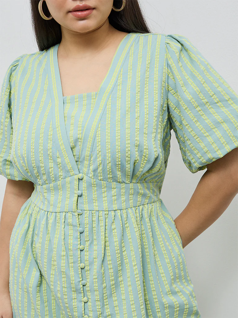 Gia Mint Seersucker Striped Cotton A-Line Dress - Image 3