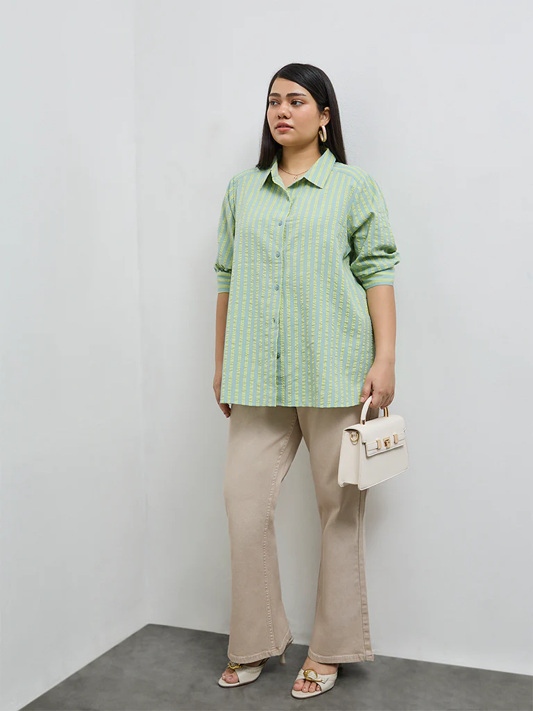 Gia Mint Seersucker Striped Cotton Shirt - Image 2