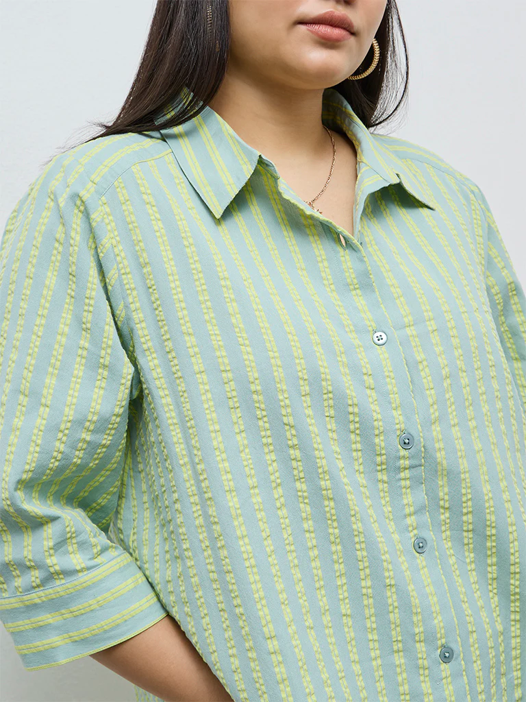 Gia Mint Seersucker Striped Cotton Shirt - Image 3
