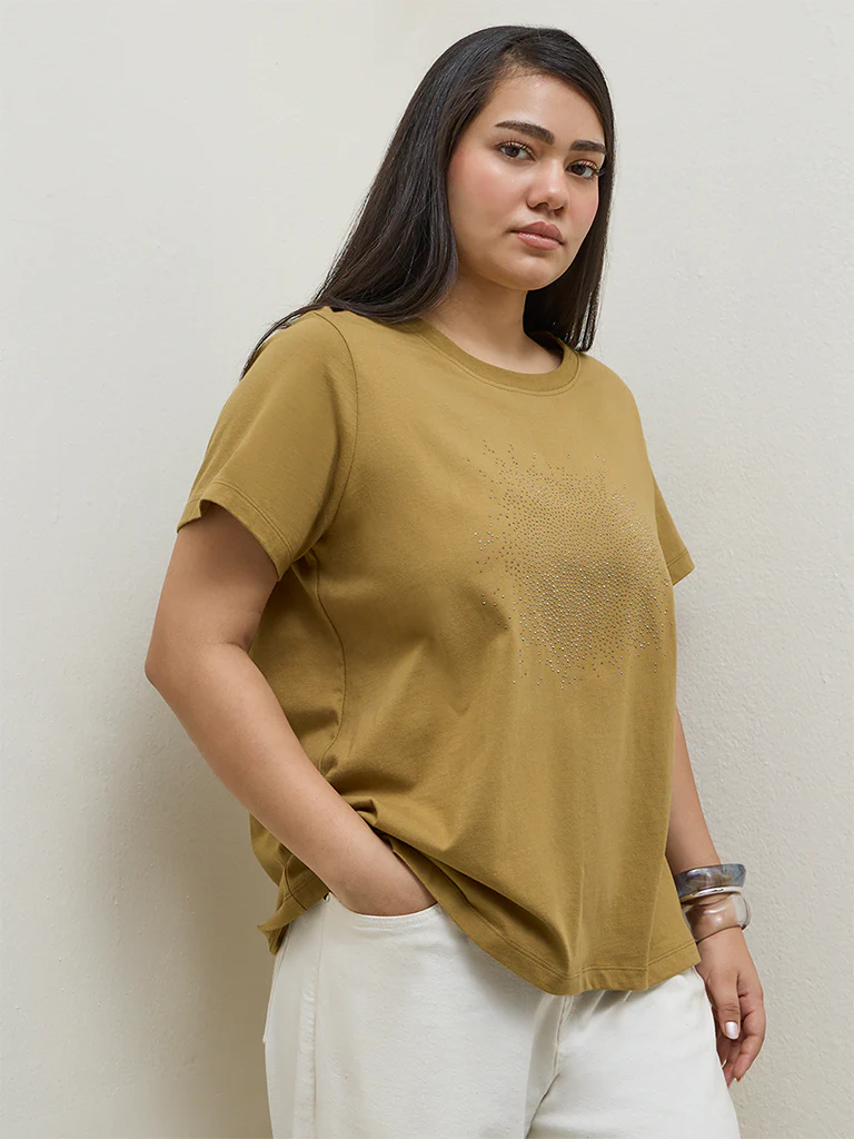 Gia Mustard Embellished Cotton T-Shirt - Image 2