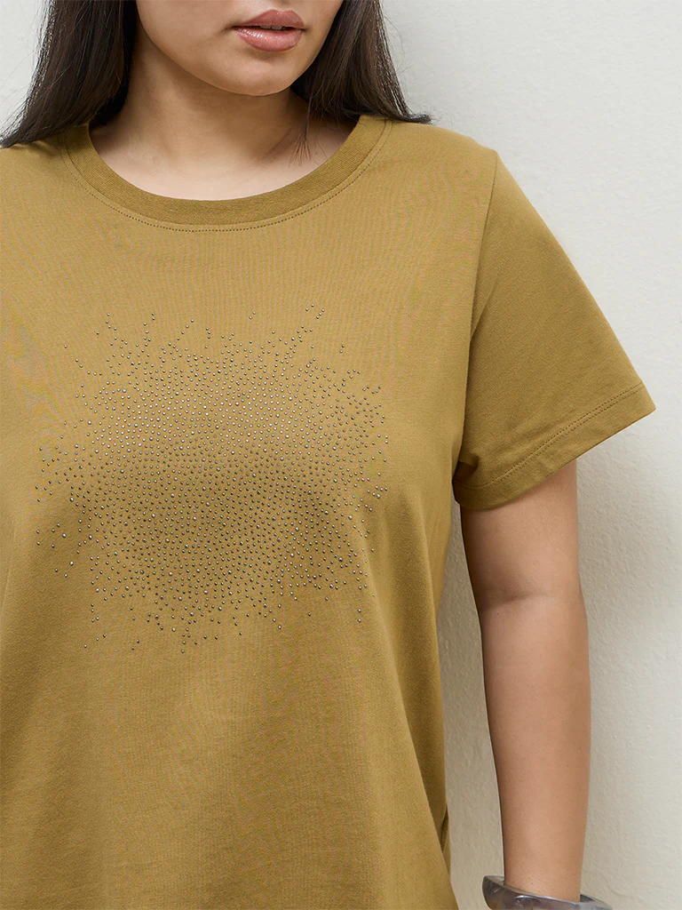 Gia Mustard Embellished Cotton T-Shirt - Image 3