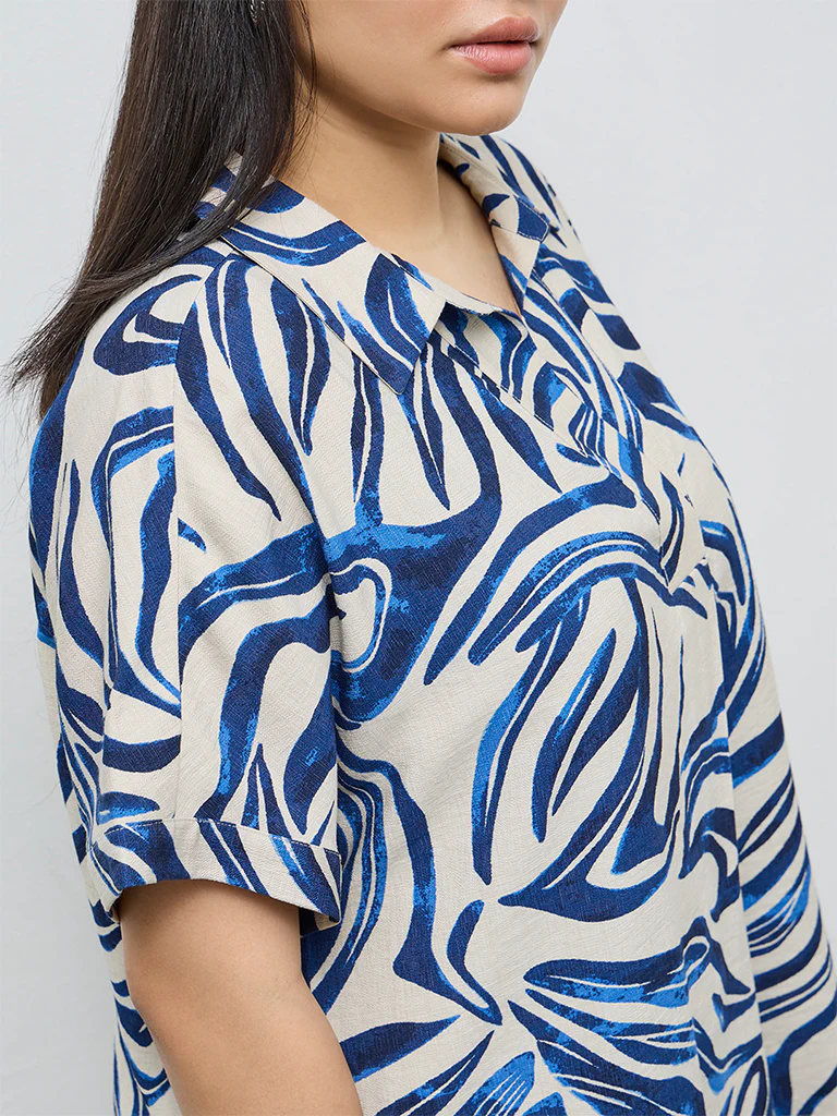 Gia Navy Abstract Design Linen-Blend Blouse - Image 3