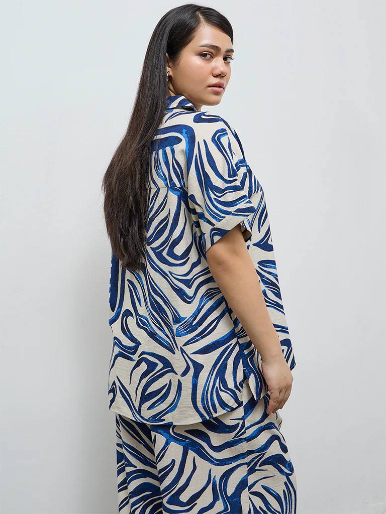 Gia Navy Abstract Design Linen-Blend Blouse - Image 4