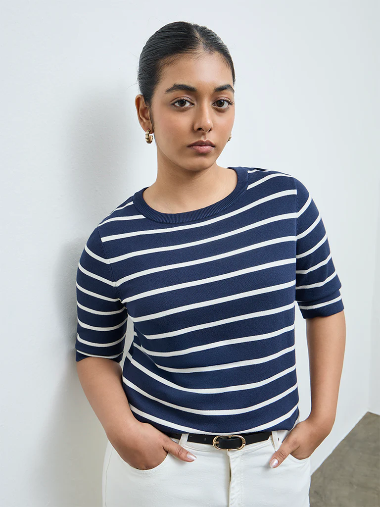 Gia Navy and Cream Striped Knit-Textured Sweater - Image 2