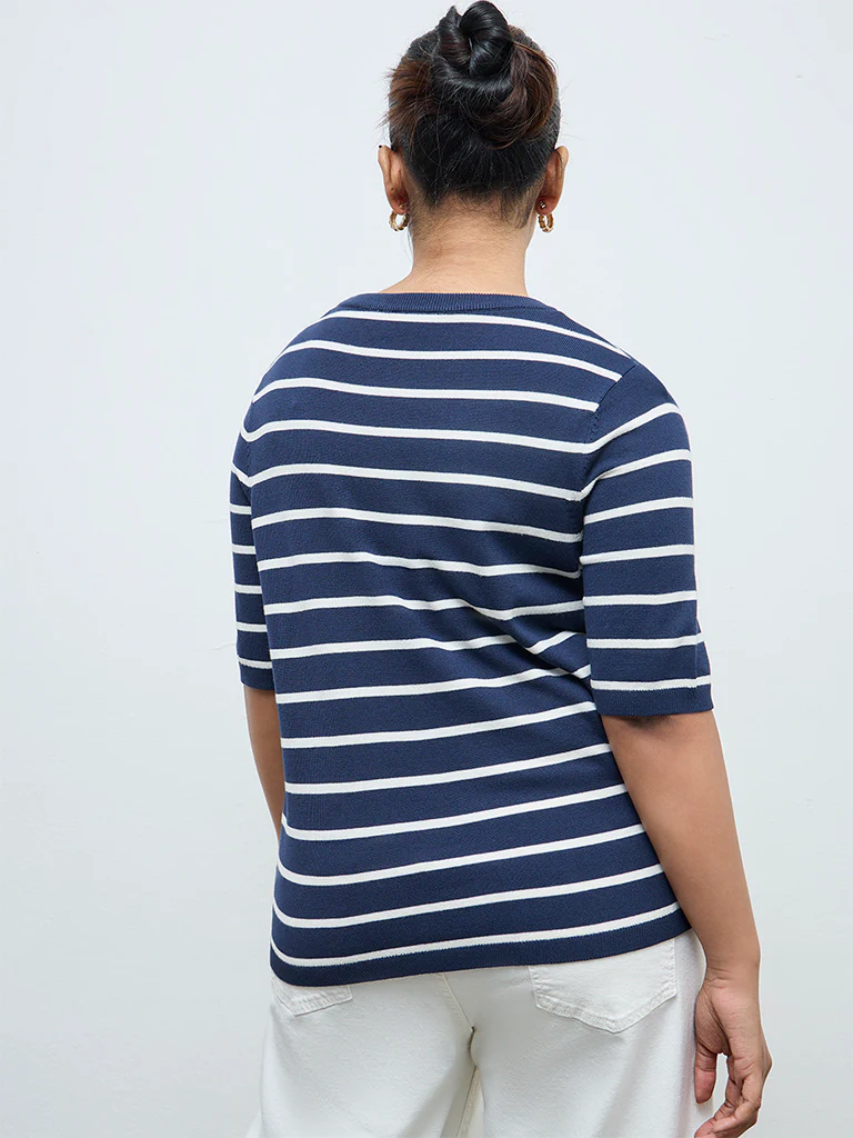 Gia Navy and Cream Striped Knit-Textured Sweater - Image 4