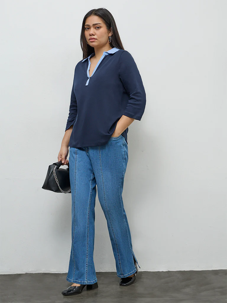Gia Navy Contrast-Detail Cotton T-Shirt - Image 2