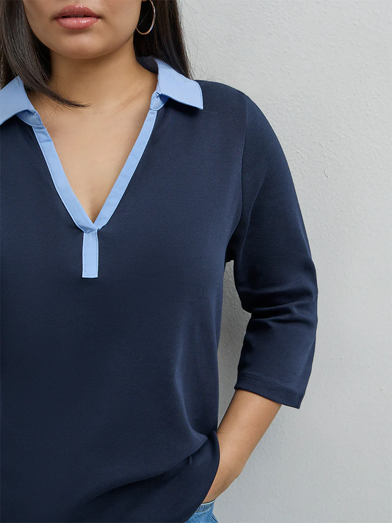 Gia Navy Contrast-Detail Cotton T-Shirt - Image 3