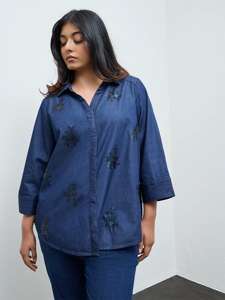 Gia Navy Floral Embellished Denim Shirt - Image 2