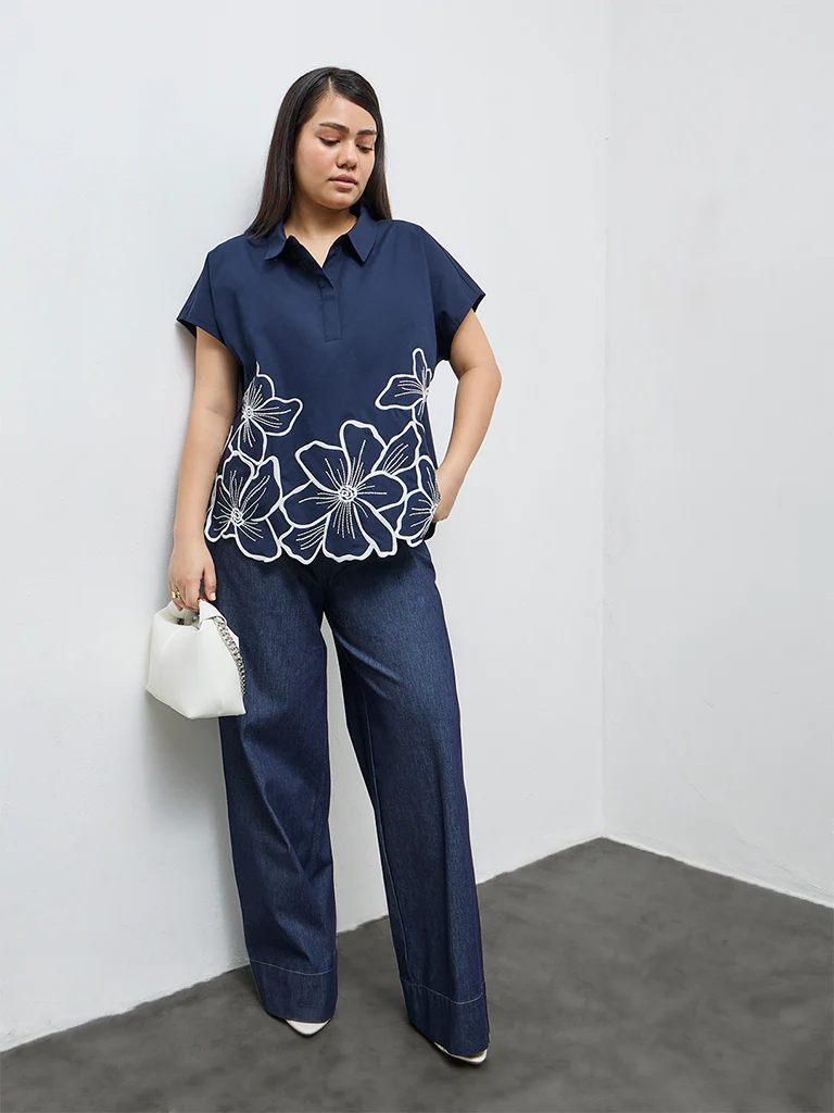 Gia Navy Floral Embroidered Cotton Blouse - Image 2