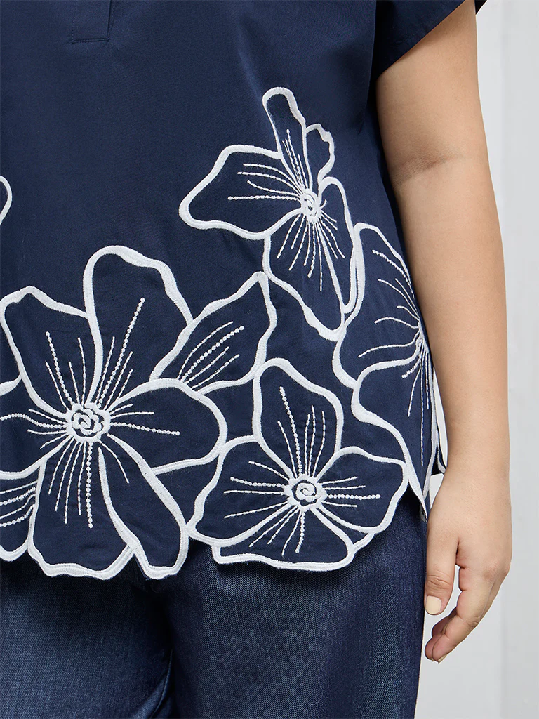 Gia Navy Floral Embroidered Cotton Blouse - Image 3