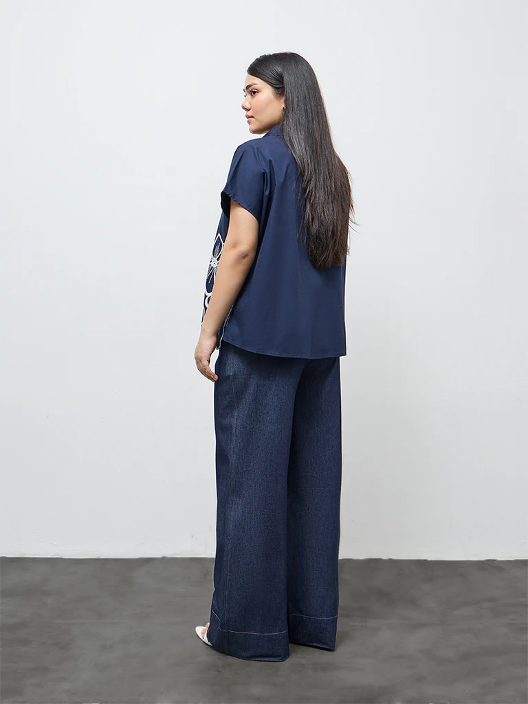 Gia Navy Floral Embroidered Cotton Blouse - Image 4