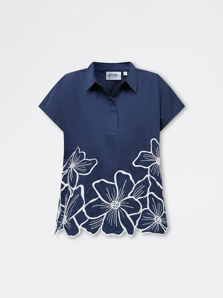 Gia Navy Floral Embroidered Cotton Blouse - Image 5