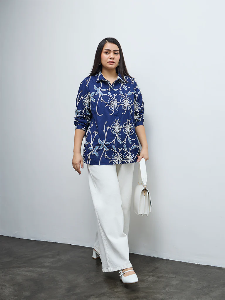 Gia Navy Floral Embroidered Cotton Shirt - Image 2
