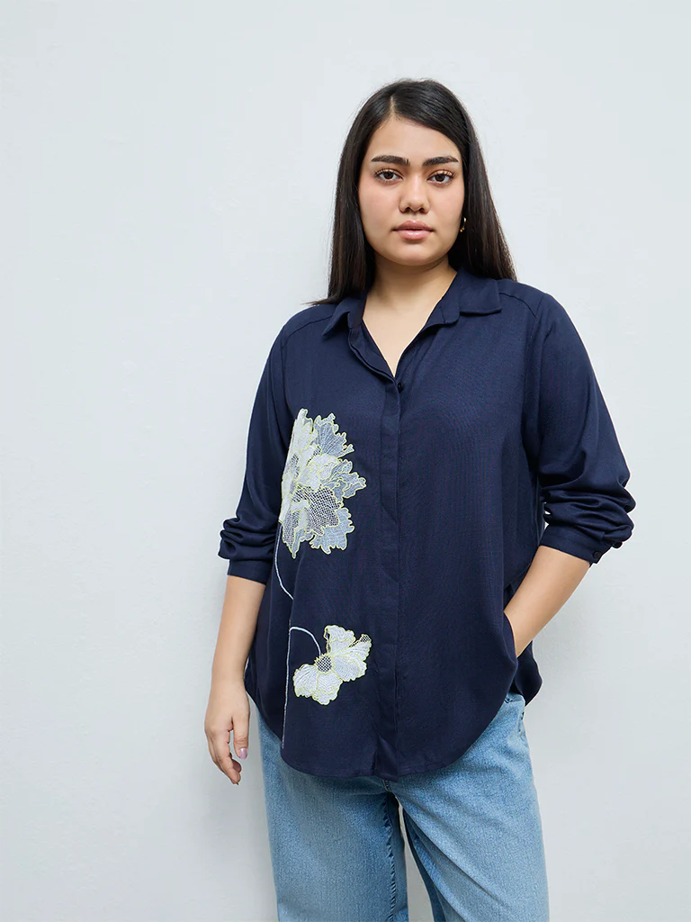 Gia Navy Floral Embroidered Shirt