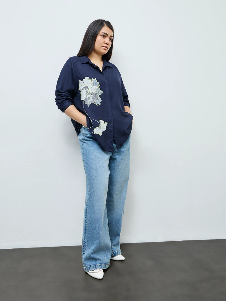 Gia Navy Floral Embroidered Shirt - Image 2