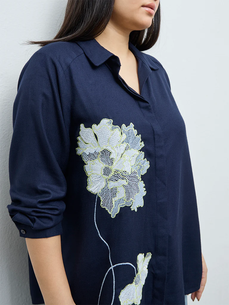 Gia Navy Floral Embroidered Shirt - Image 3