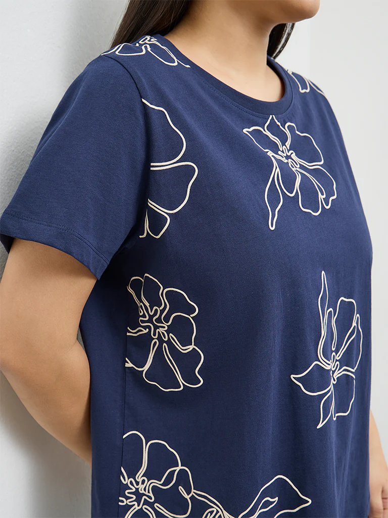 Gia Navy Floral Printed Cotton T-Shirt - Image 3