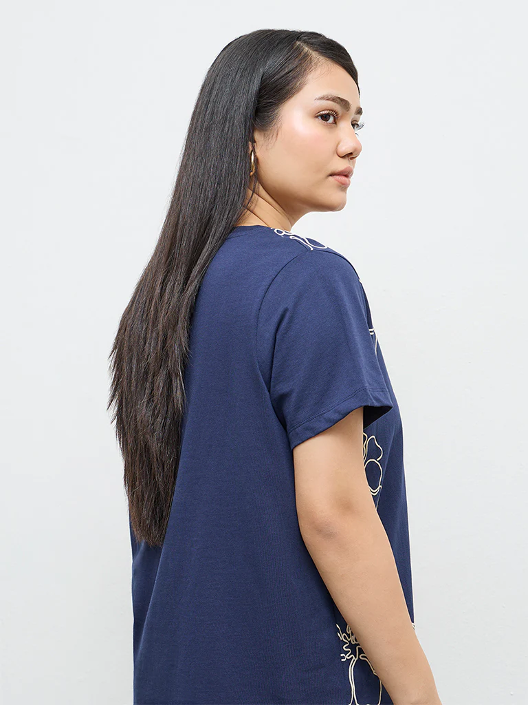 Gia Navy Floral Printed Cotton T-Shirt - Image 4
