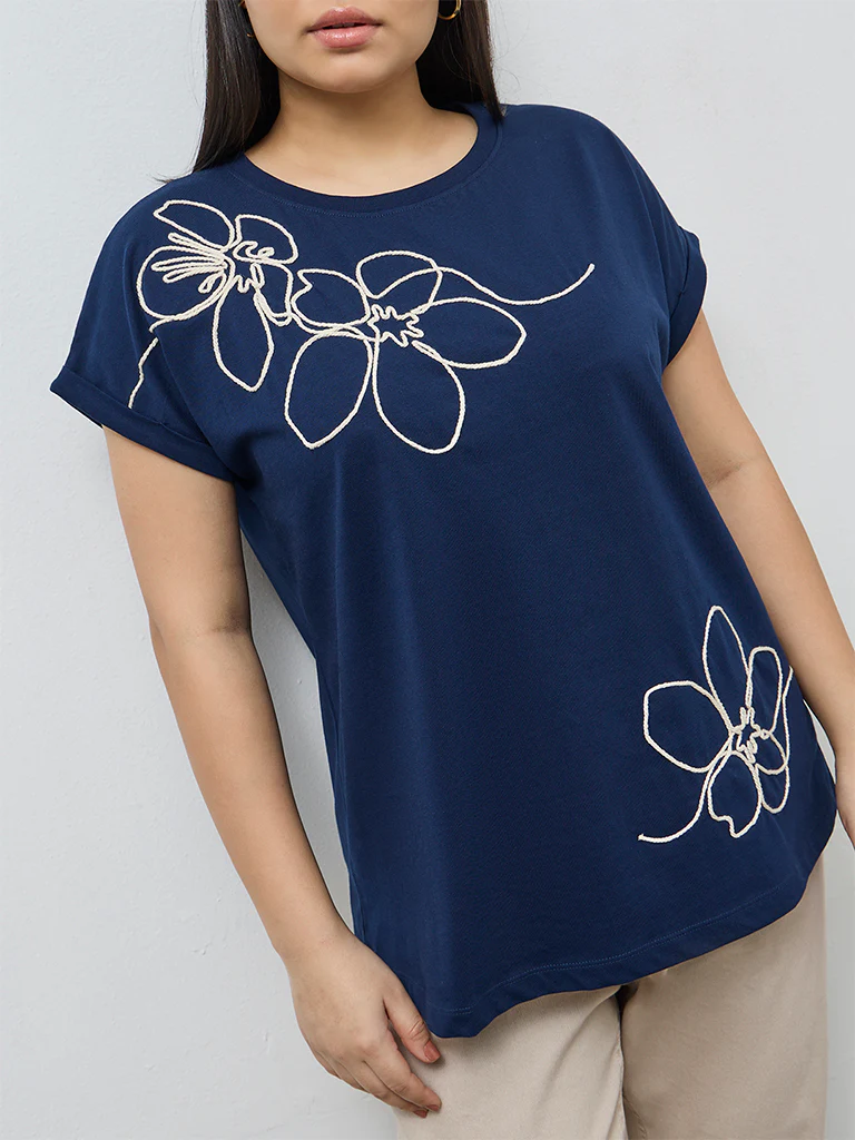 Gia Navy Foliage Embroidered Cotton T-Shirt - Image 3