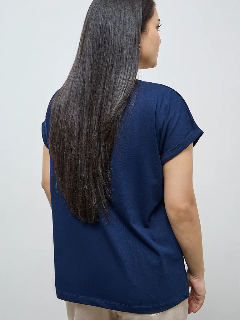 Gia Navy Foliage Embroidered Cotton T-Shirt - Image 4