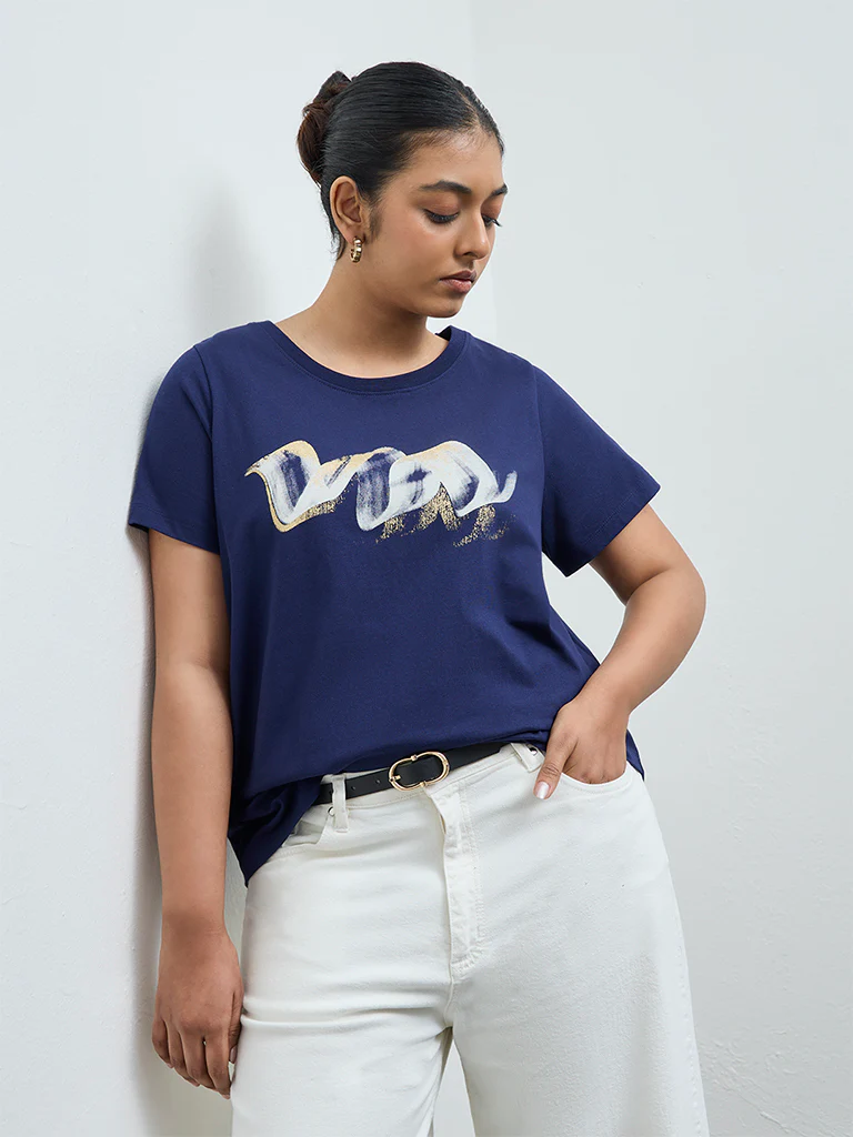 Gia Navy Printed Cotton T-Shirt - Image 2