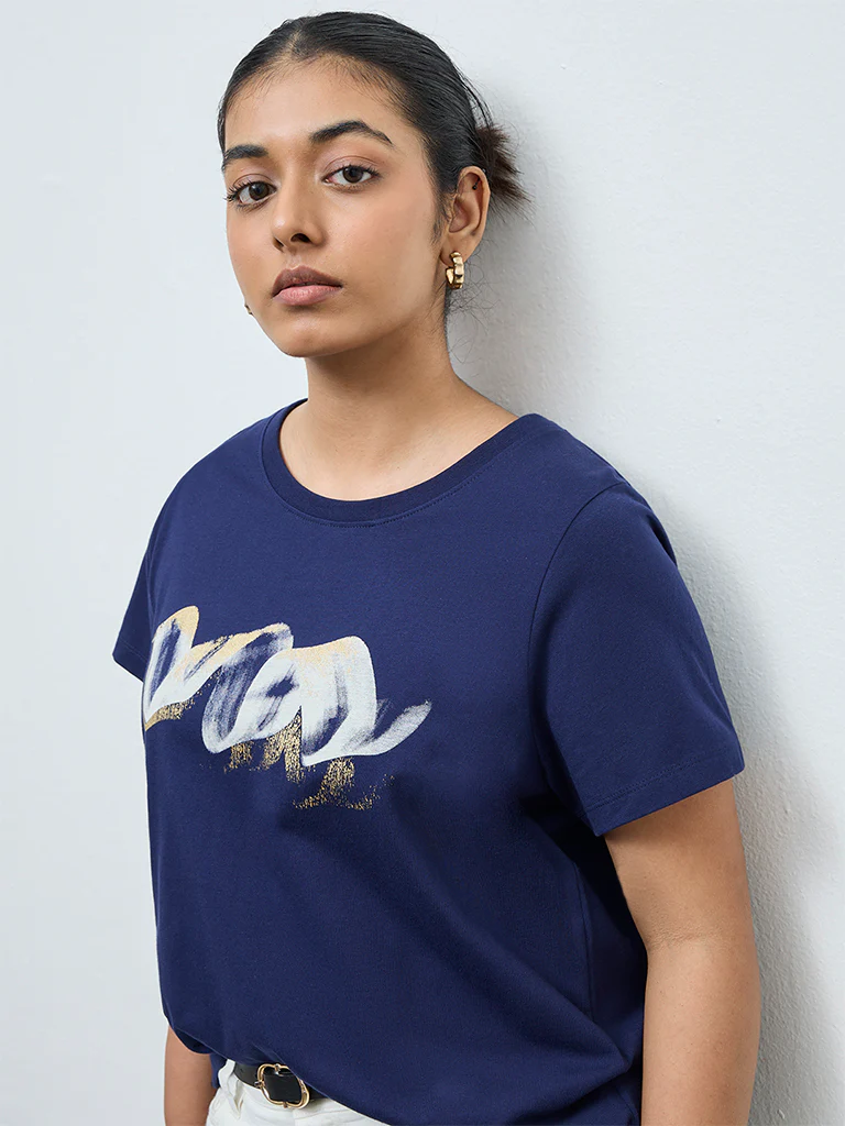 Gia Navy Printed Cotton T-Shirt - Image 3