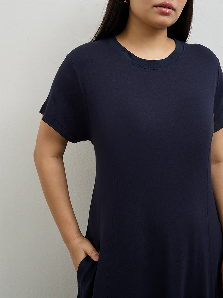 Gia Navy Solid Cotton A-Line Dress - Image 3