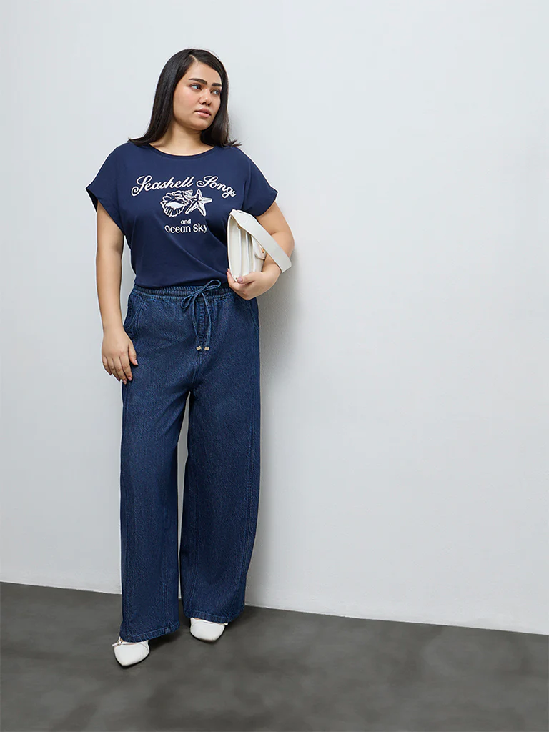 Gia Navy Text Printed Cotton T-Shirt - Image 2