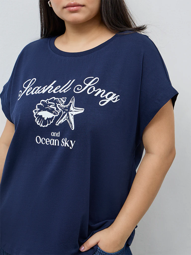 Gia Navy Text Printed Cotton T-Shirt - Image 3