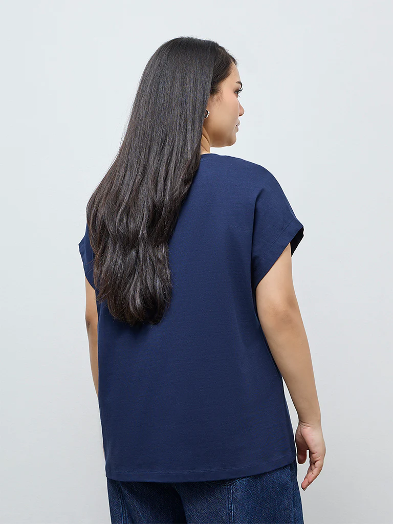 Gia Navy Text Printed Cotton T-Shirt - Image 4