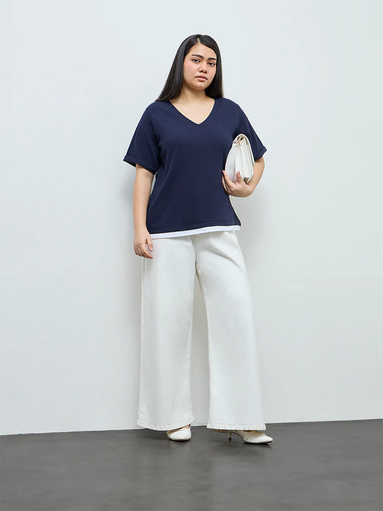 Gia Navy Textured Cotton-Blend T-Shirt - Image 2