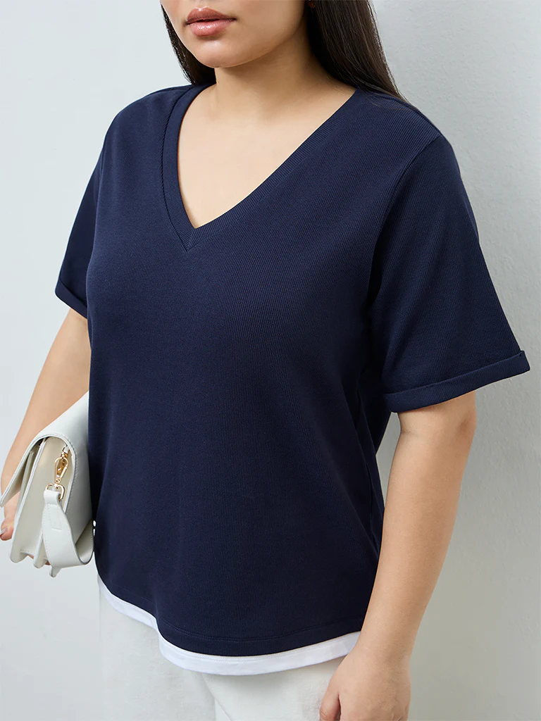 Gia Navy Textured Cotton-Blend T-Shirt - Image 3