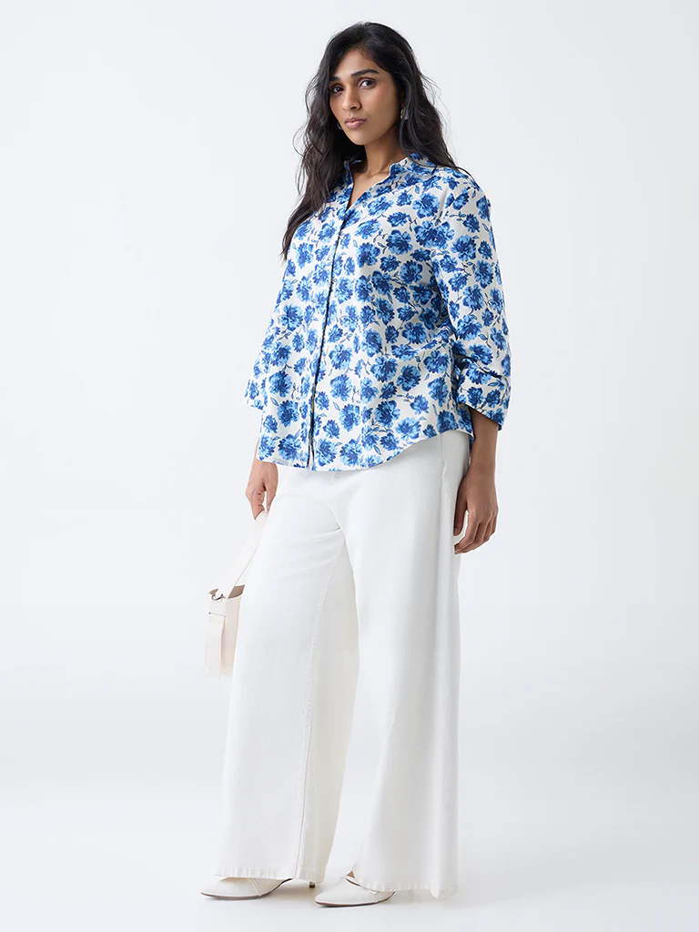 Gia Off-White Floral Printed Cotton Shirt - Image 2