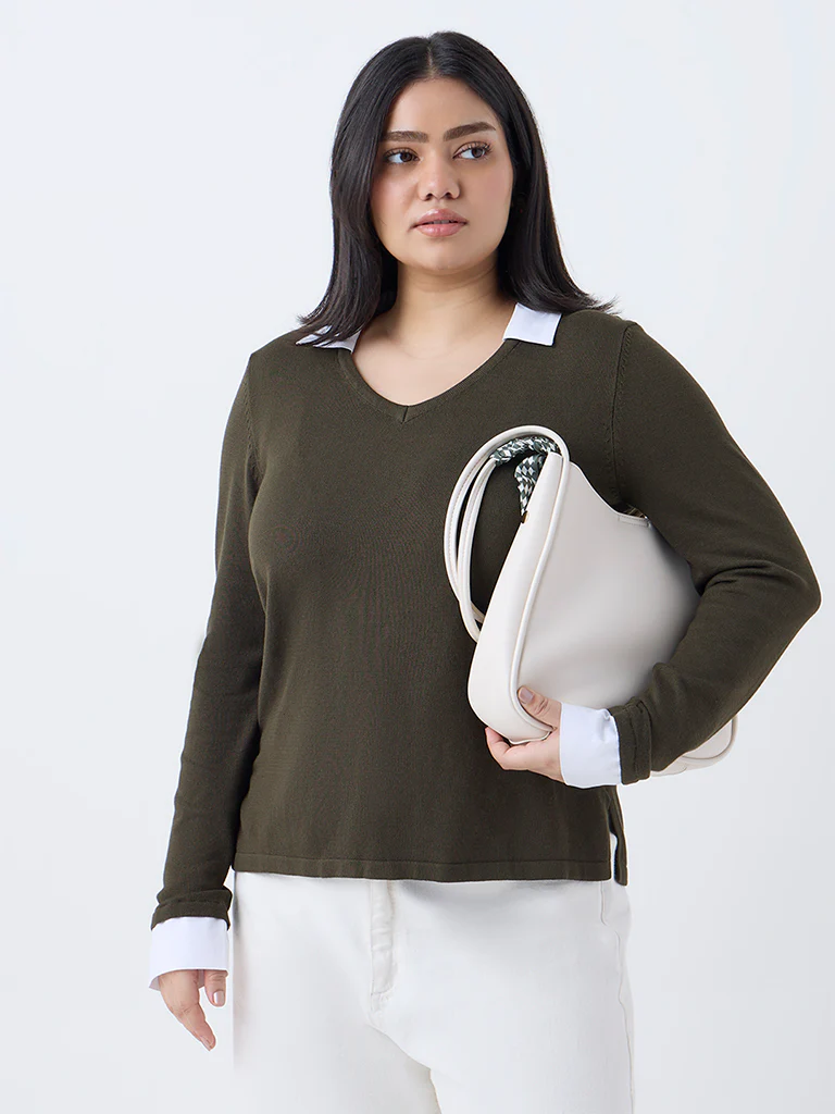 Gia Olive Collar-Detailed Top - Image 2