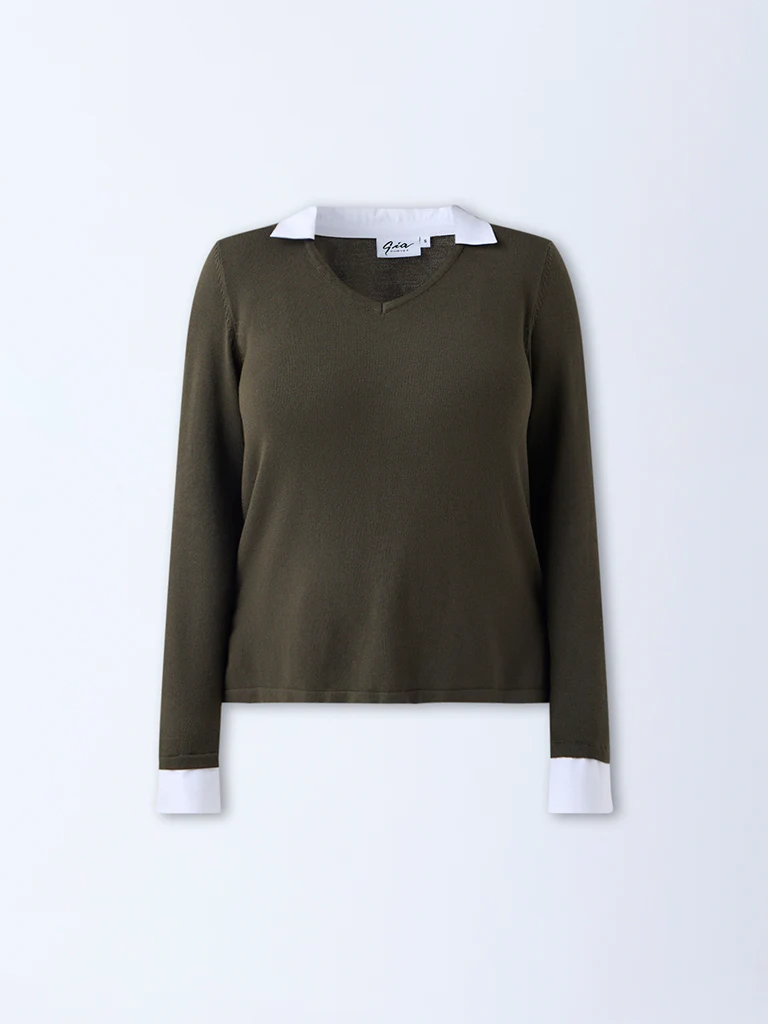 Gia Olive Collar-Detailed Top - Image 5