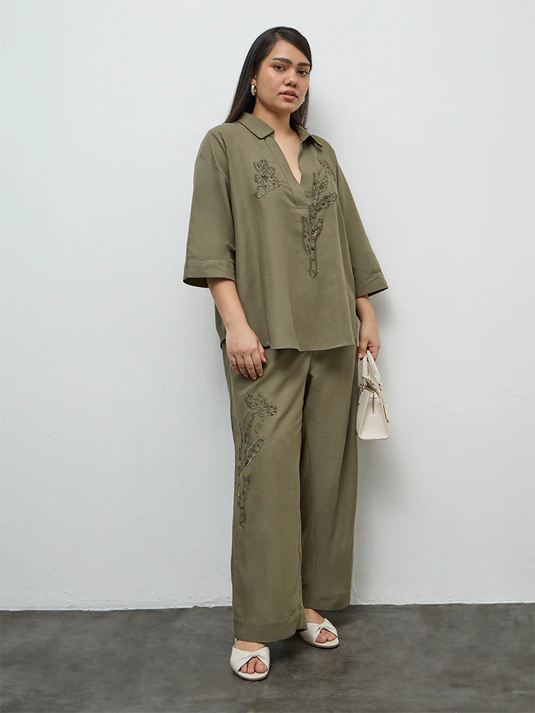 Gia Olive Floral Embellished Blouse - Image 2