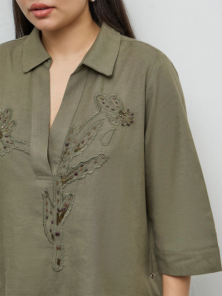 Gia Olive Floral Embellished Blouse - Image 3