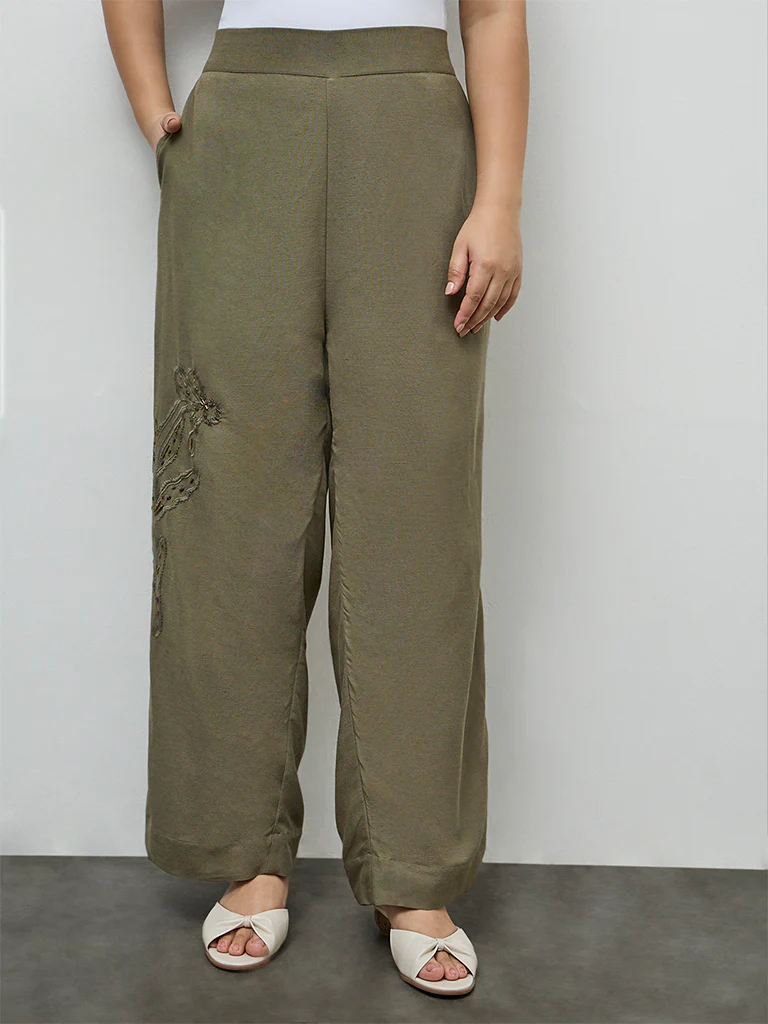 Gia Olive Floral Embroidered High-Rise Trousers - Image 2