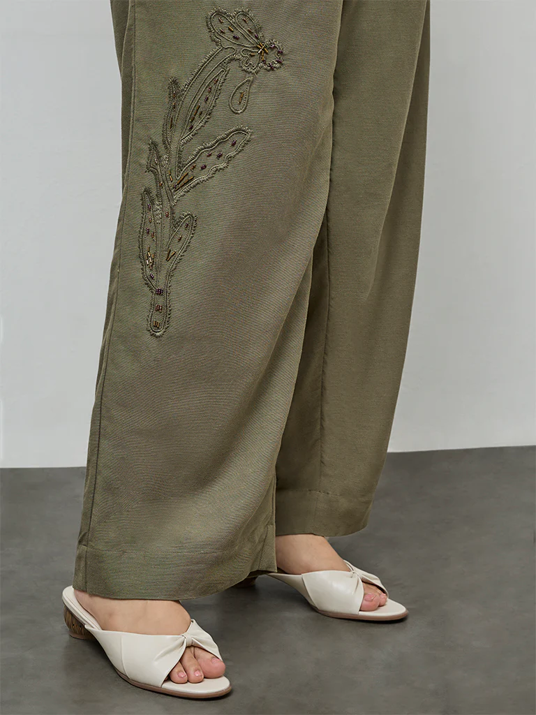 Gia Olive Floral Embroidered High-Rise Trousers - Image 3