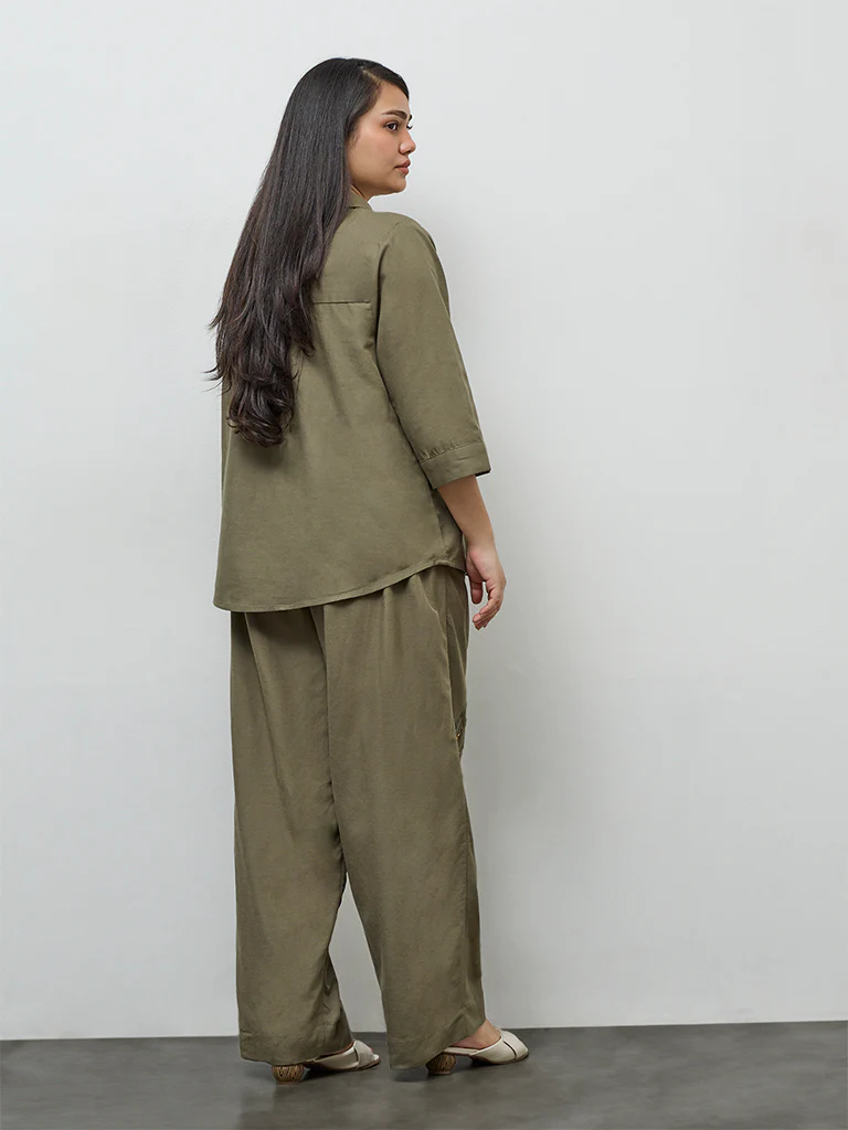 Gia Olive Floral Embroidered High-Rise Trousers - Image 4