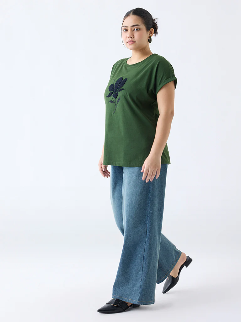Gia Olive Floral Patterned T-Shirt - Image 2